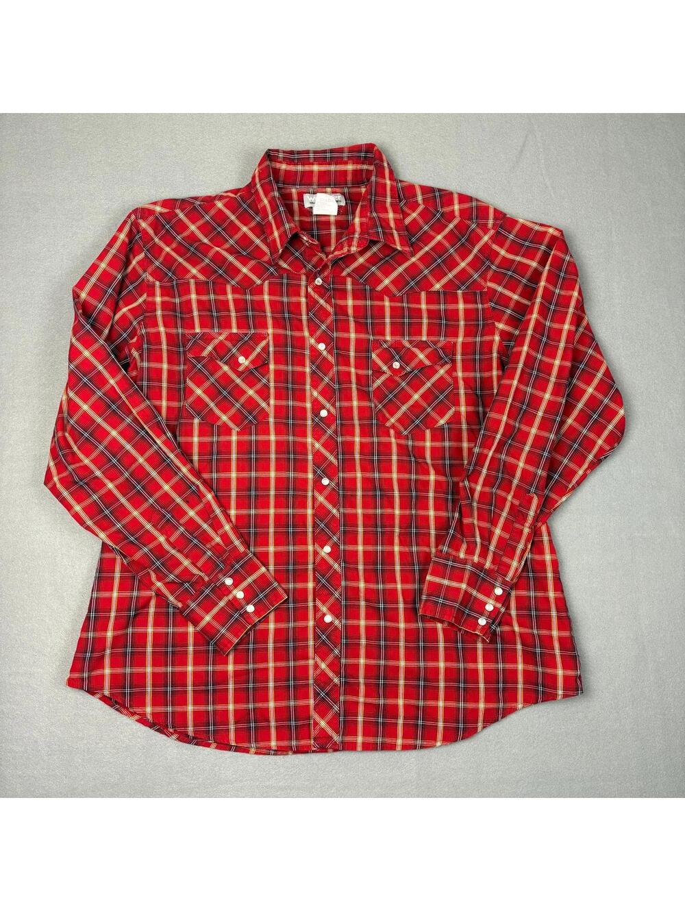 Wrangler Rancher Cowboy Western Red Plaid Long Sleeve Shirt Men's XL Pearl Snap